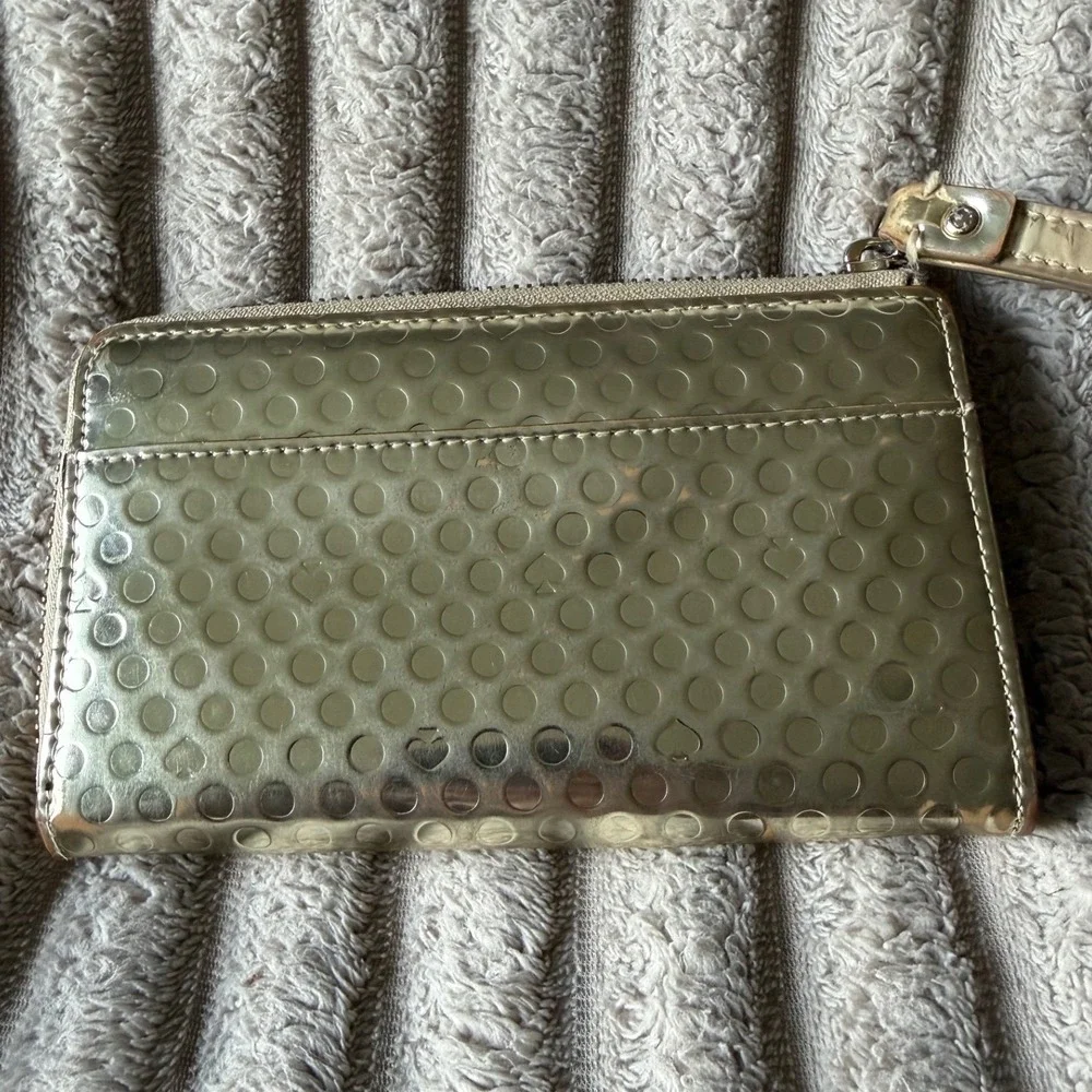 Kate Spade Gold Metallic Embossed Spade Dot Wristlet Wallet Zip Around Wallet